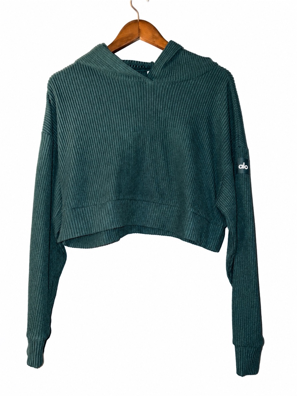 ALO Yoga Muse Ribbed Cropped Hoodie Midnight Green Size S